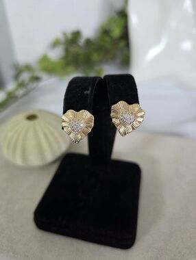 Gold Filled Pave Heart Sunburst Stud Earrings Cubic Zirconia